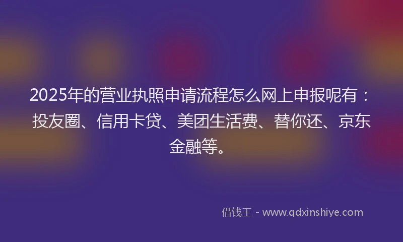 2025年的营业执照申请流程怎么网上申报呢有：投友圈、信用卡贷、美团生活费、替你还、京东金融等。