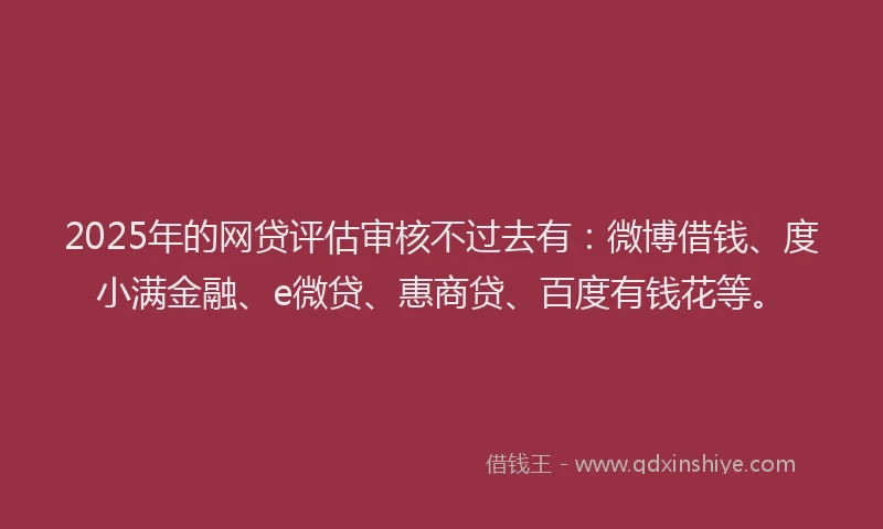 2025年的网贷评估审核不过去有：微博借钱、度小满金融、e微贷、惠商贷、百度有钱花等。