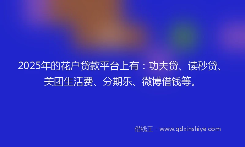 2025年的花户贷款平台上有：功夫贷、读秒贷、美团生活费、分期乐、微博借钱等。