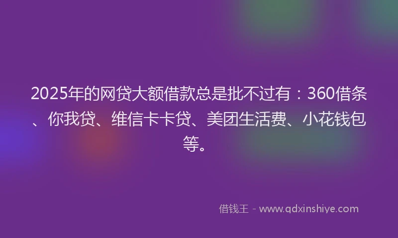 2025年的网贷大额借款总是批不过有：360借条、你我贷、维信卡卡贷、美团生活费、小花钱包等。