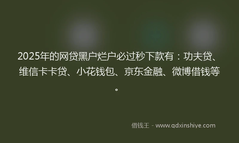 2025年的网贷黑户烂户必过秒下款有：功夫贷、维信卡卡贷、小花钱包、京东金融、微博借钱等。