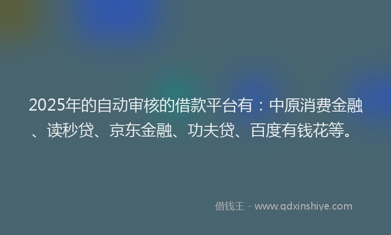 2025年的自动审核的借款平台有：中原消费金融、读秒贷、京东金融、功夫贷、百度有钱花等。