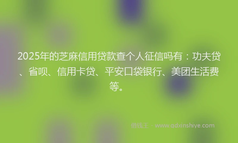 2025年的芝麻信用贷款查个人征信吗有：功夫贷、省呗、信用卡贷、平安口袋银行、美团生活费等。