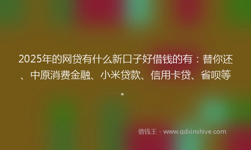2025年的网贷有什么新口子好借钱的有：替你还、中原消费金融、小米贷款、信用卡贷、省呗等。