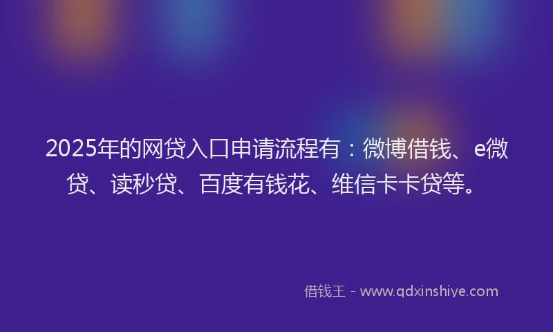 2025年的网贷入口申请流程有：微博借钱、e微贷、读秒贷、百度有钱花、维信卡卡贷等。