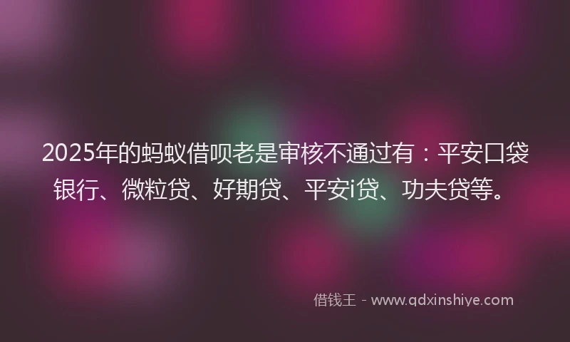2025年的蚂蚁借呗老是审核不通过有：平安口袋银行、微粒贷、好期贷、平安i贷、功夫贷等。