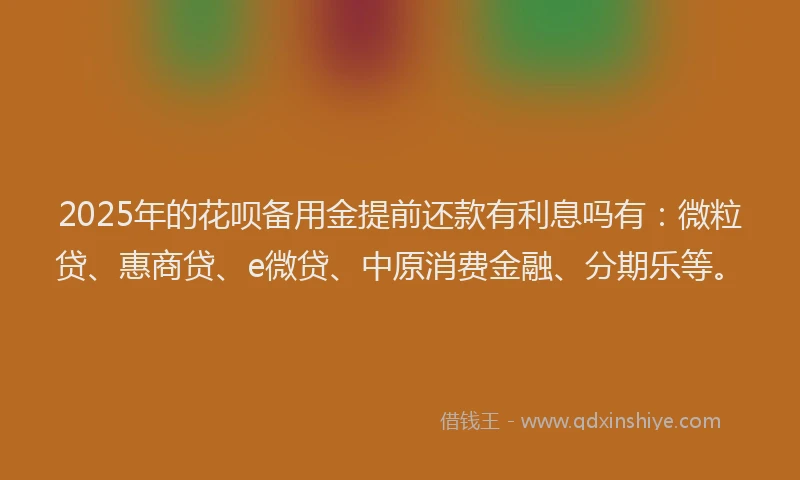 2025年的花呗备用金提前还款有利息吗有：微粒贷、惠商贷、e微贷、中原消费金融、分期乐等。