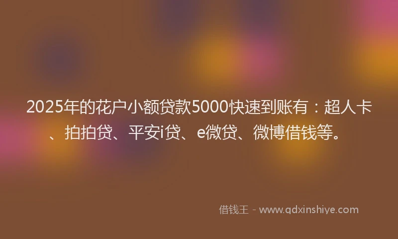 2025年的花户小额贷款5000快速到账有：超人卡、拍拍贷、平安i贷、e微贷、微博借钱等。