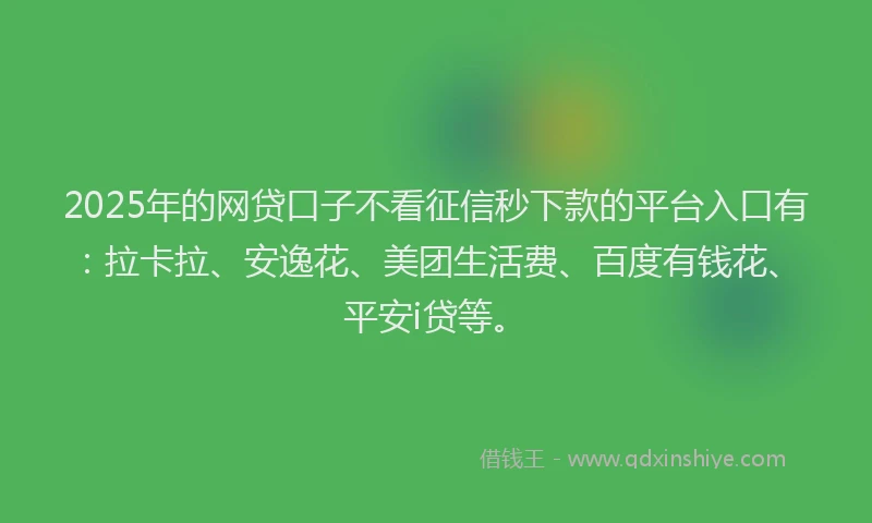 2025年的网贷口子不看征信秒下款的平台入口有：拉卡拉、安逸花、美团生活费、百度有钱花、平安i贷等。
