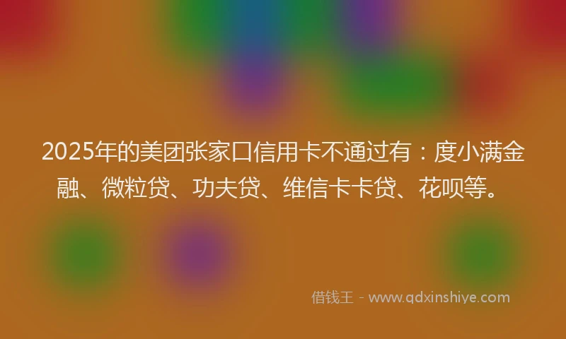 2025年的美团张家口信用卡不通过有：度小满金融、微粒贷、功夫贷、维信卡卡贷、花呗等。