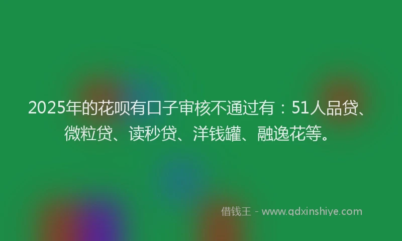 2025年的花呗有口子审核不通过有：51人品贷、微粒贷、读秒贷、洋钱罐、融逸花等。