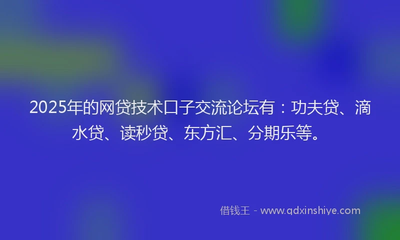 2025年的网贷技术口子交流论坛有：功夫贷、滴水贷、读秒贷、东方汇、分期乐等。