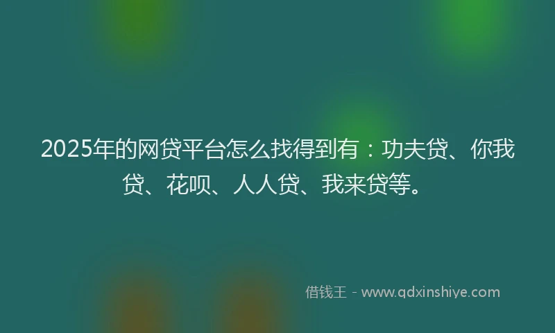 2025年的网贷平台怎么找得到有：功夫贷、你我贷、花呗、人人贷、我来贷等。