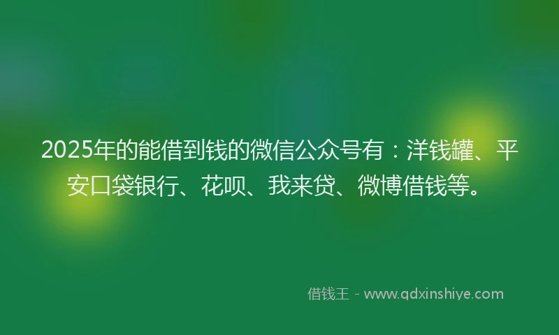 2025年的能借到钱的微信公众号有：洋钱罐、平安口袋银行、花呗、我来贷、微博借钱等。