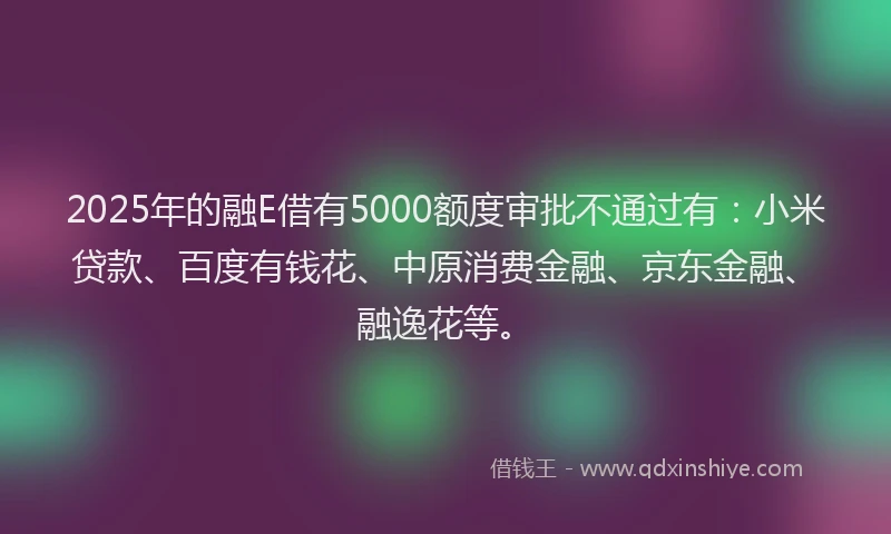 2025年的融E借有5000额度审批不通过有：小米贷款、百度有钱花、中原消费金融、京东金融、融逸花等。