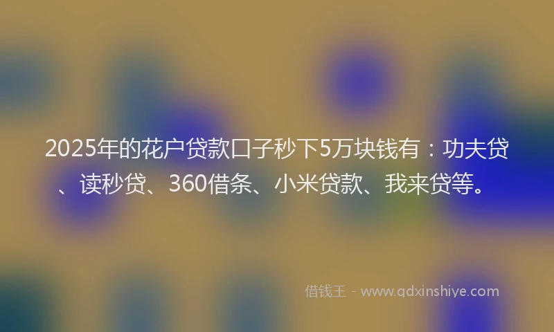 2025年的花户贷款口子秒下5万块钱有：功夫贷、读秒贷、360借条、小米贷款、我来贷等。