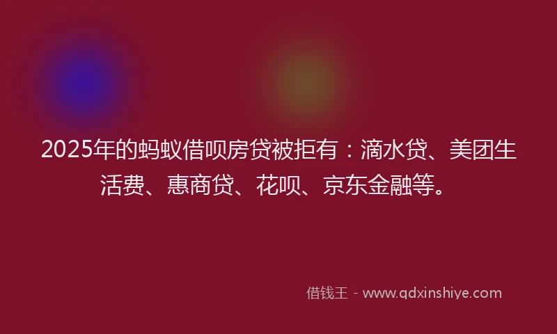 2025年的蚂蚁借呗房贷被拒有：滴水贷、美团生活费、惠商贷、花呗、京东金融等。