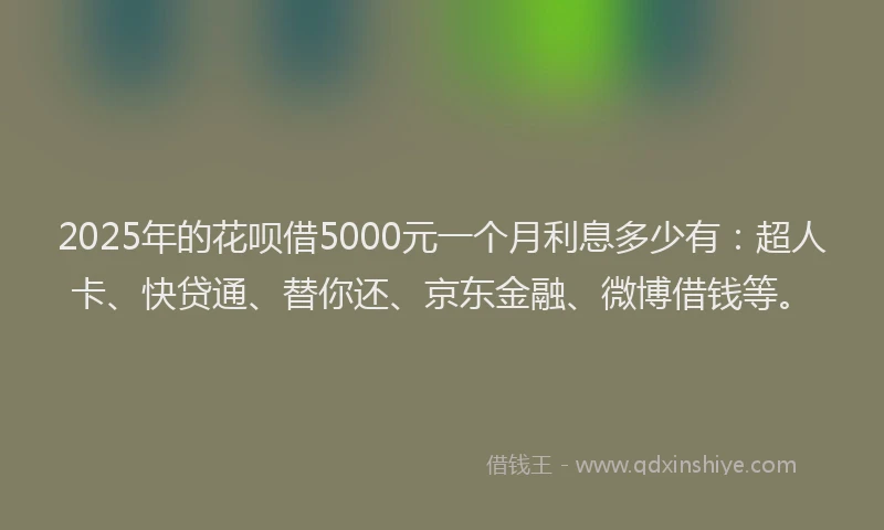 2025年的花呗借5000元一个月利息多少有：超人卡、快贷通、替你还、京东金融、微博借钱等。