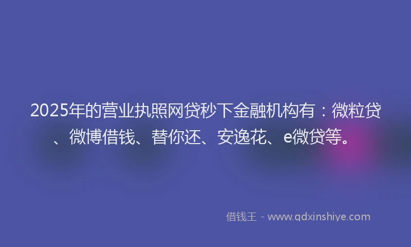 2025年的营业执照网贷秒下金融机构有：微粒贷、微博借钱、替你还、安逸花、e微贷等。
