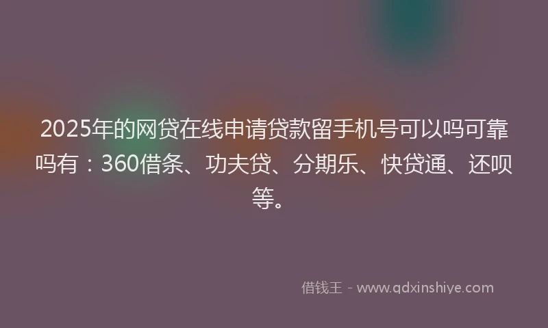 2025年的网贷在线申请贷款留手机号可以吗可靠吗有：360借条、功夫贷、分期乐、快贷通、还呗等。