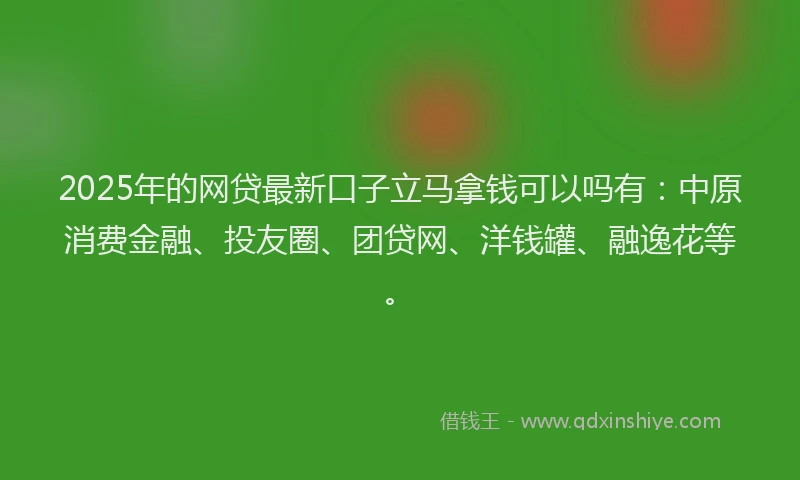 2025年的网贷最新口子立马拿钱可以吗有：中原消费金融、投友圈、团贷网、洋钱罐、融逸花等。