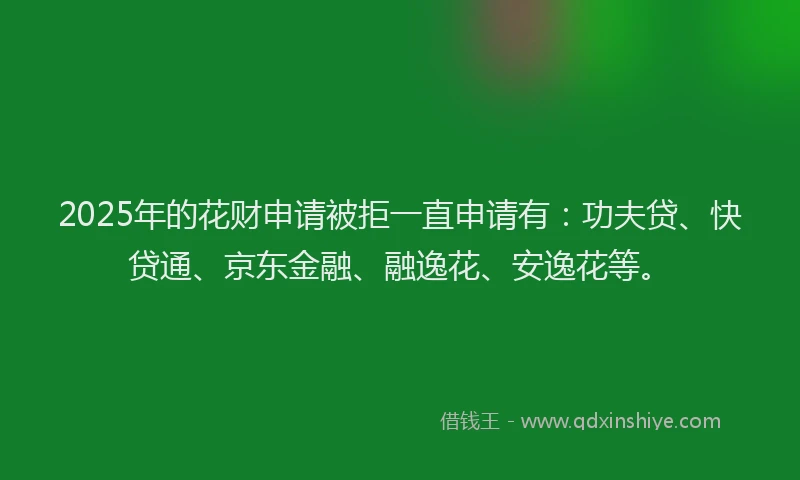 2025年的花财申请被拒一直申请有：功夫贷、快贷通、京东金融、融逸花、安逸花等。