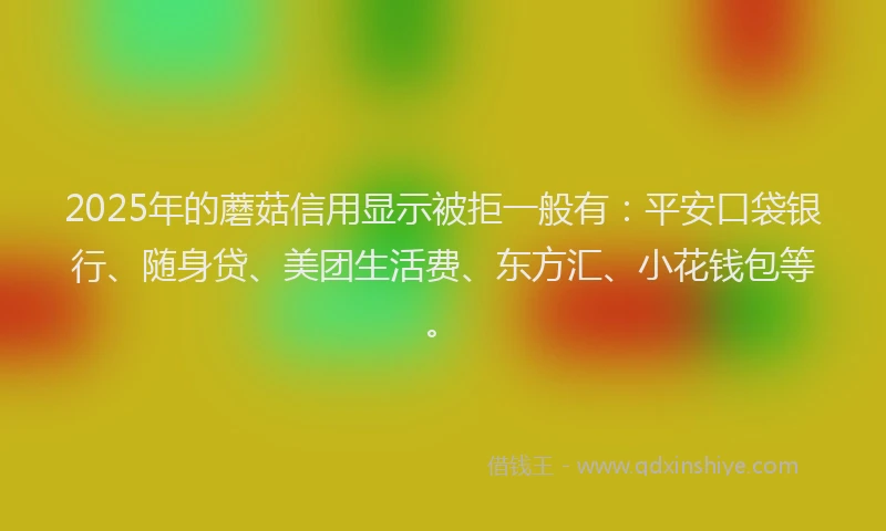 2025年的蘑菇信用显示被拒一般有：平安口袋银行、随身贷、美团生活费、东方汇、小花钱包等。