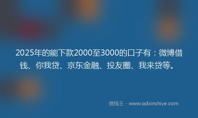 2025年的能下款2000至3000的口子有：微博借钱、你我贷、京东金融、投友圈、我来贷等。