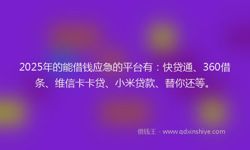 2025年的能借钱应急的平台有：快贷通、360借条、维信卡卡贷、小米贷款、替你还等。