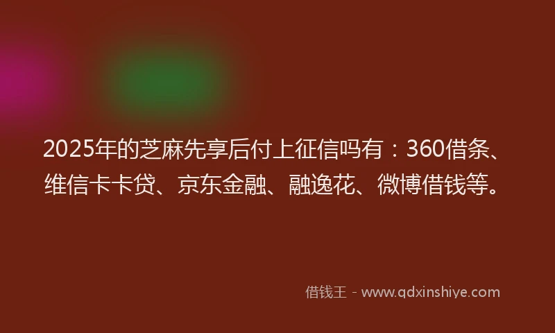 2025年的芝麻先享后付上征信吗有：360借条、维信卡卡贷、京东金融、融逸花、微博借钱等。
