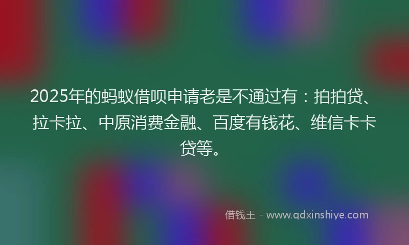 2025年的蚂蚁借呗申请老是不通过有：拍拍贷、拉卡拉、中原消费金融、百度有钱花、维信卡卡贷等。