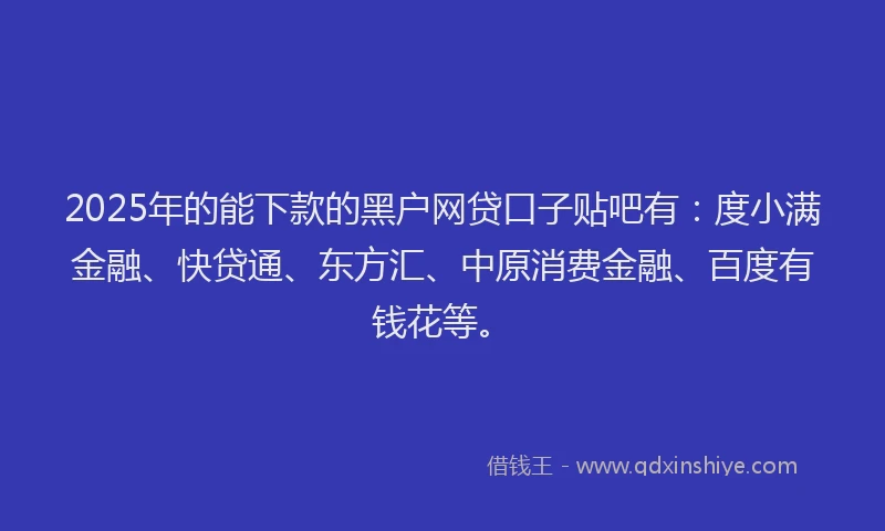 2025年的能下款的黑户网贷口子贴吧有：度小满金融、快贷通、东方汇、中原消费金融、百度有钱花等。