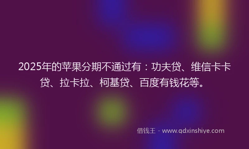 2025年的苹果分期不通过有：功夫贷、维信卡卡贷、拉卡拉、柯基贷、百度有钱花等。