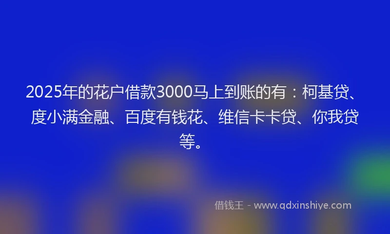 2025年的花户借款3000马上到账的有：柯基贷、度小满金融、百度有钱花、维信卡卡贷、你我贷等。