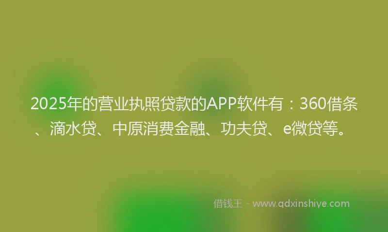 2025年的营业执照贷款的APP软件有：360借条、滴水贷、中原消费金融、功夫贷、e微贷等。