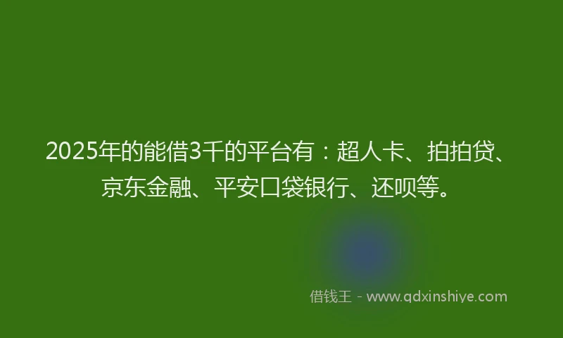 2025年的能借3千的平台有：超人卡、拍拍贷、京东金融、平安口袋银行、还呗等。