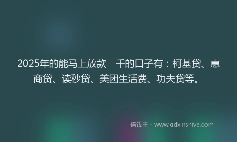 2025年的能马上放款一千的口子有：柯基贷、惠商贷、读秒贷、美团生活费、功夫贷等。