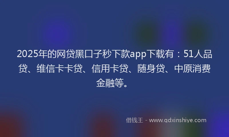 2025年的网贷黑口子秒下款app下载有：51人品贷、维信卡卡贷、信用卡贷、随身贷、中原消费金融等。