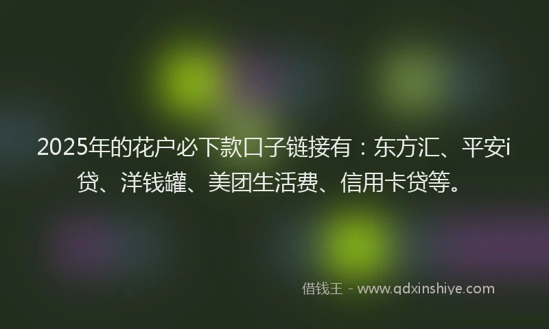 2025年的花户必下款口子链接有：东方汇、平安i贷、洋钱罐、美团生活费、信用卡贷等。