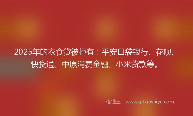 2025年的衣食贷被拒有：平安口袋银行、花呗、快贷通、中原消费金融、小米贷款等。