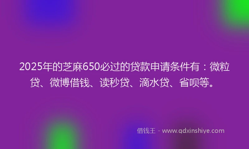 2025年的芝麻650必过的贷款申请条件有：微粒贷、微博借钱、读秒贷、滴水贷、省呗等。