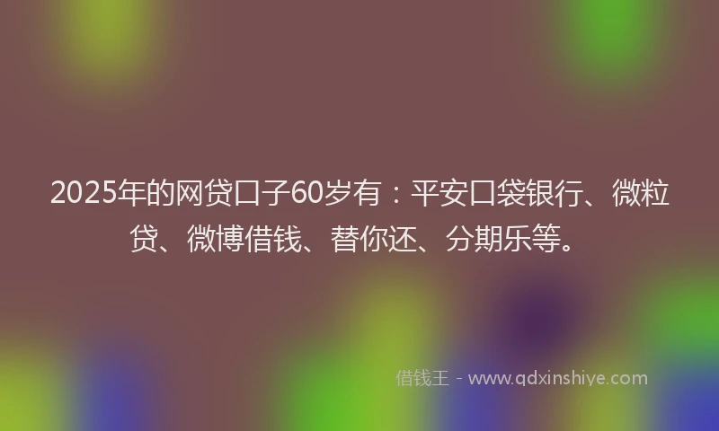 2025年的网贷口子60岁有：平安口袋银行、微粒贷、微博借钱、替你还、分期乐等。