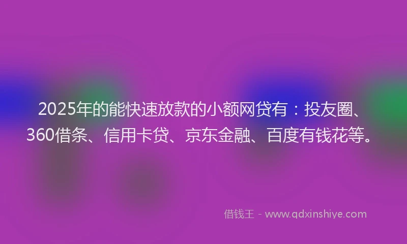 2025年的能快速放款的小额网贷有：投友圈、360借条、信用卡贷、京东金融、百度有钱花等。