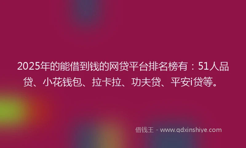 2025年的能借到钱的网贷平台排名榜有：51人品贷、小花钱包、拉卡拉、功夫贷、平安i贷等。