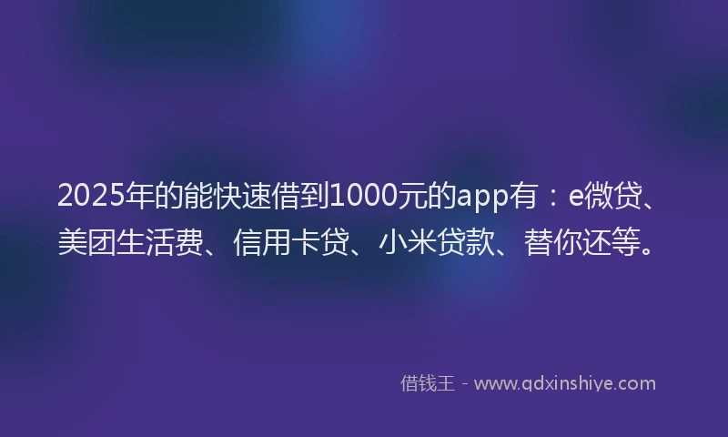 2025年的能快速借到1000元的app有：e微贷、美团生活费、信用卡贷、小米贷款、替你还等。