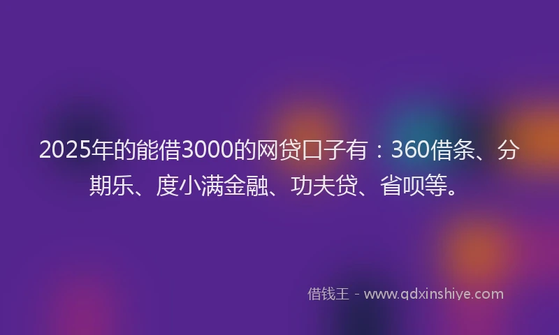 2025年的能借3000的网贷口子有：360借条、分期乐、度小满金融、功夫贷、省呗等。