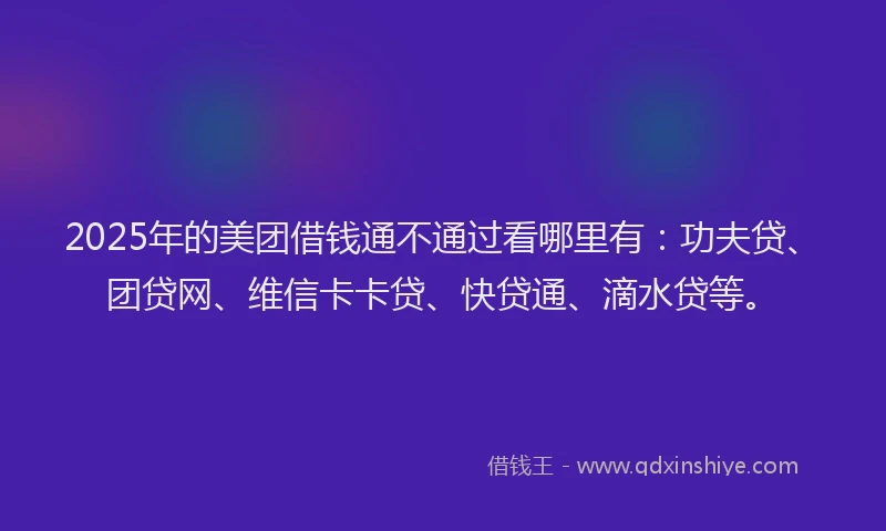 2025年的美团借钱通不通过看哪里有：功夫贷、团贷网、维信卡卡贷、快贷通、滴水贷等。