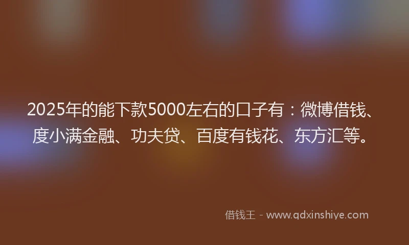 2025年的能下款5000左右的口子有：微博借钱、度小满金融、功夫贷、百度有钱花、东方汇等。