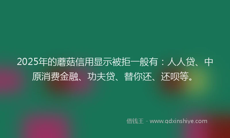 2025年的蘑菇信用显示被拒一般有：人人贷、中原消费金融、功夫贷、替你还、还呗等。