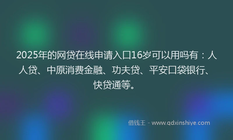 2025年的网贷在线申请入口16岁可以用吗有：人人贷、中原消费金融、功夫贷、平安口袋银行、快贷通等。
